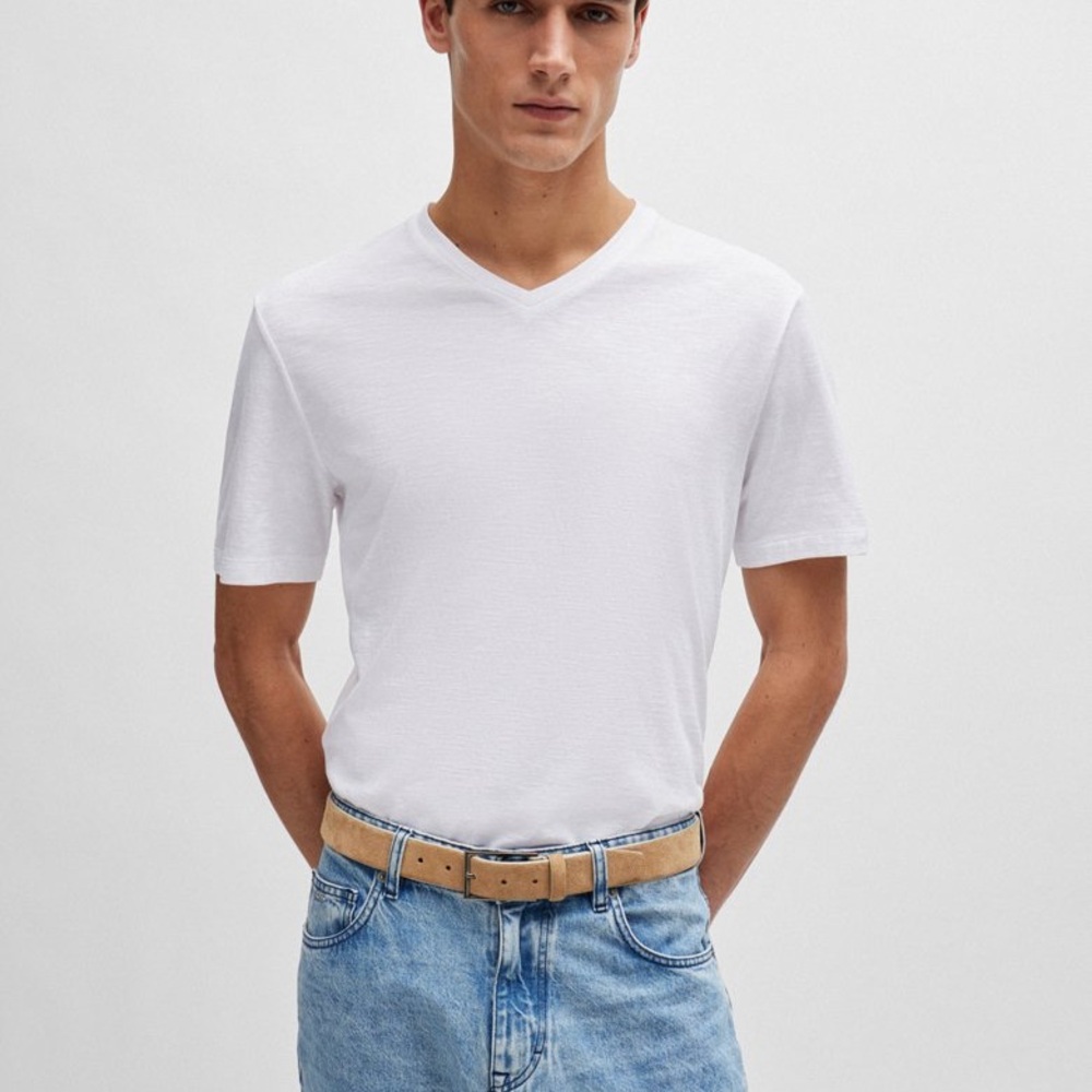 Boss White V-Neck Shirt In Mercerized Cotton